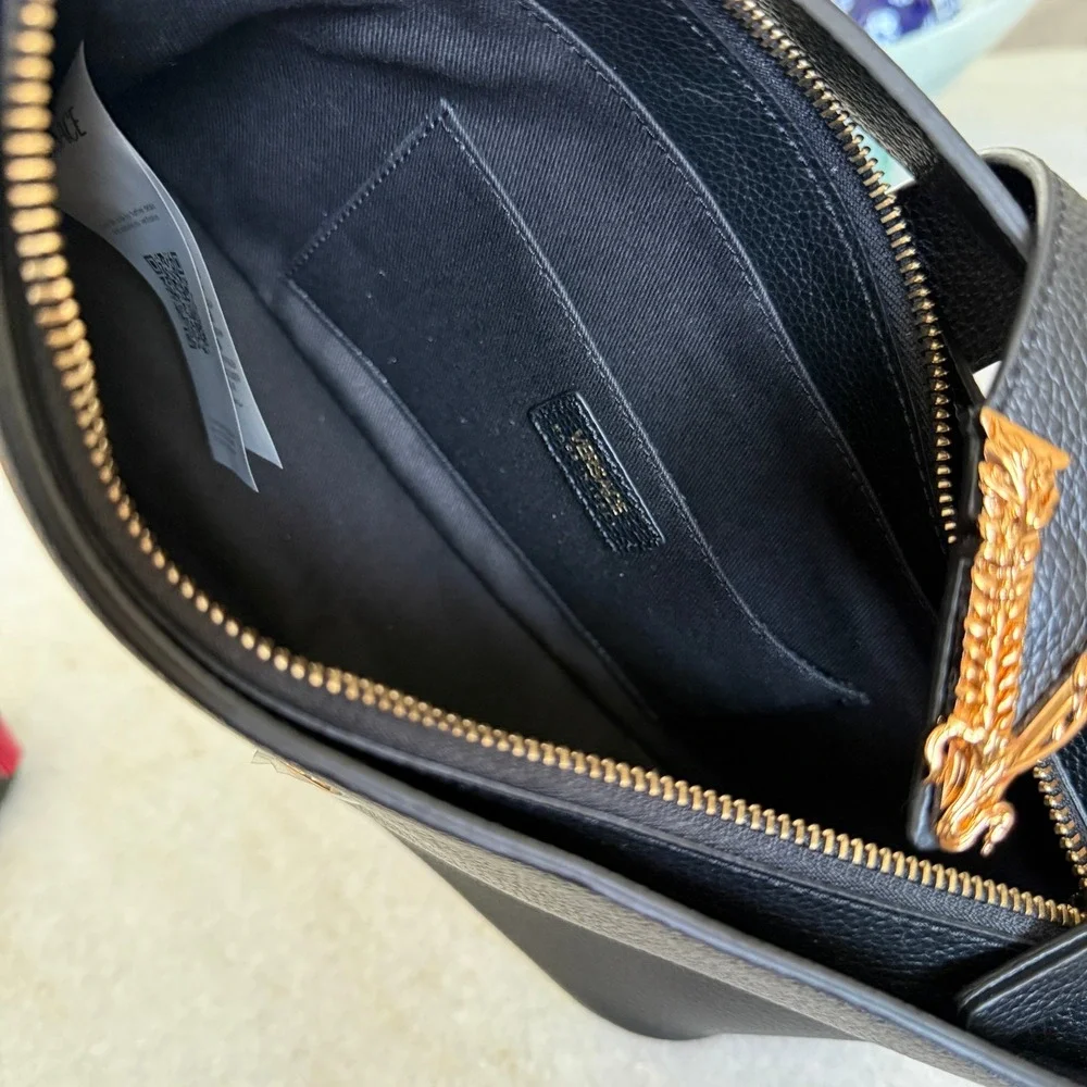 Versace Virtus‎ Small Hobo Bag Black Grained Leather Gold Barocco V